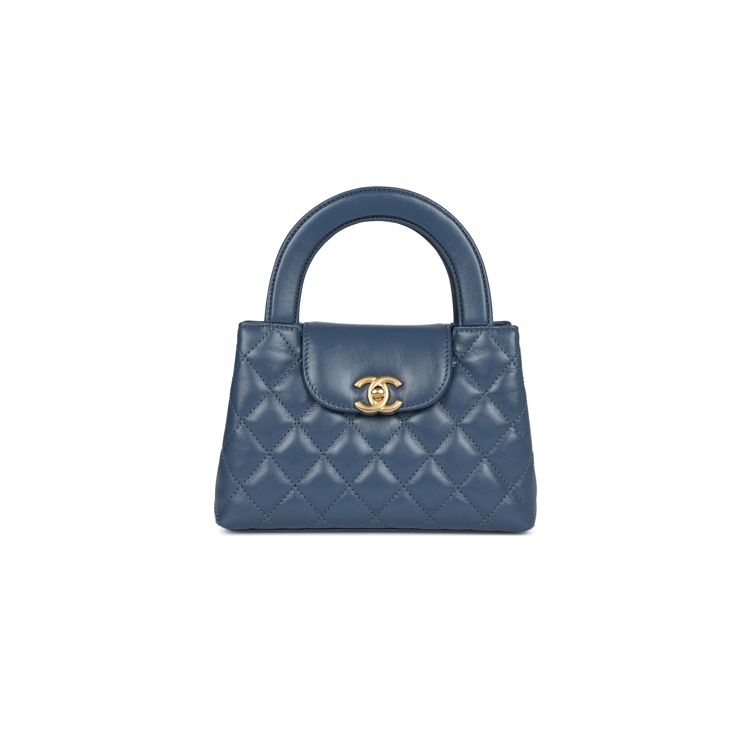 Ch*el master kelly shopper blue shiny calfskin brushed gold hardware as4416 (19*13*7cm)